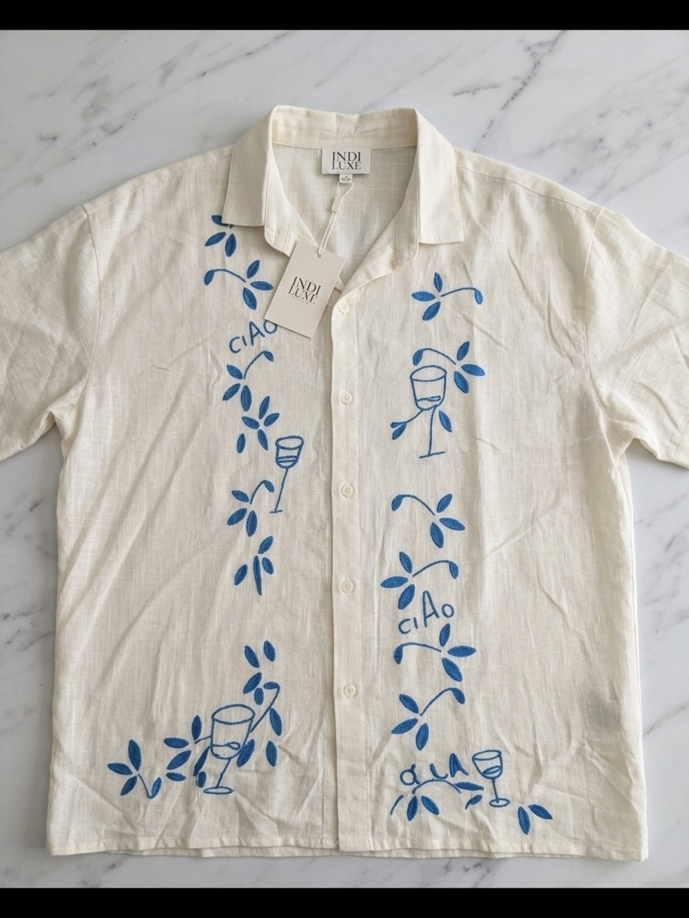 Women's Cream Short-Sleeve Button-Front Shirt with Blue Print